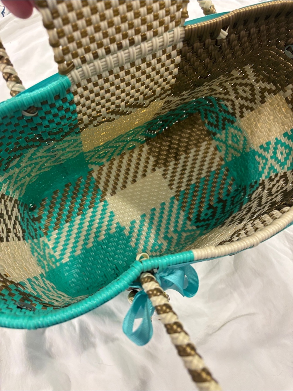 Woven Straw Tote Bag in Turquoise, Cream & Brown - Picture 3 of 6